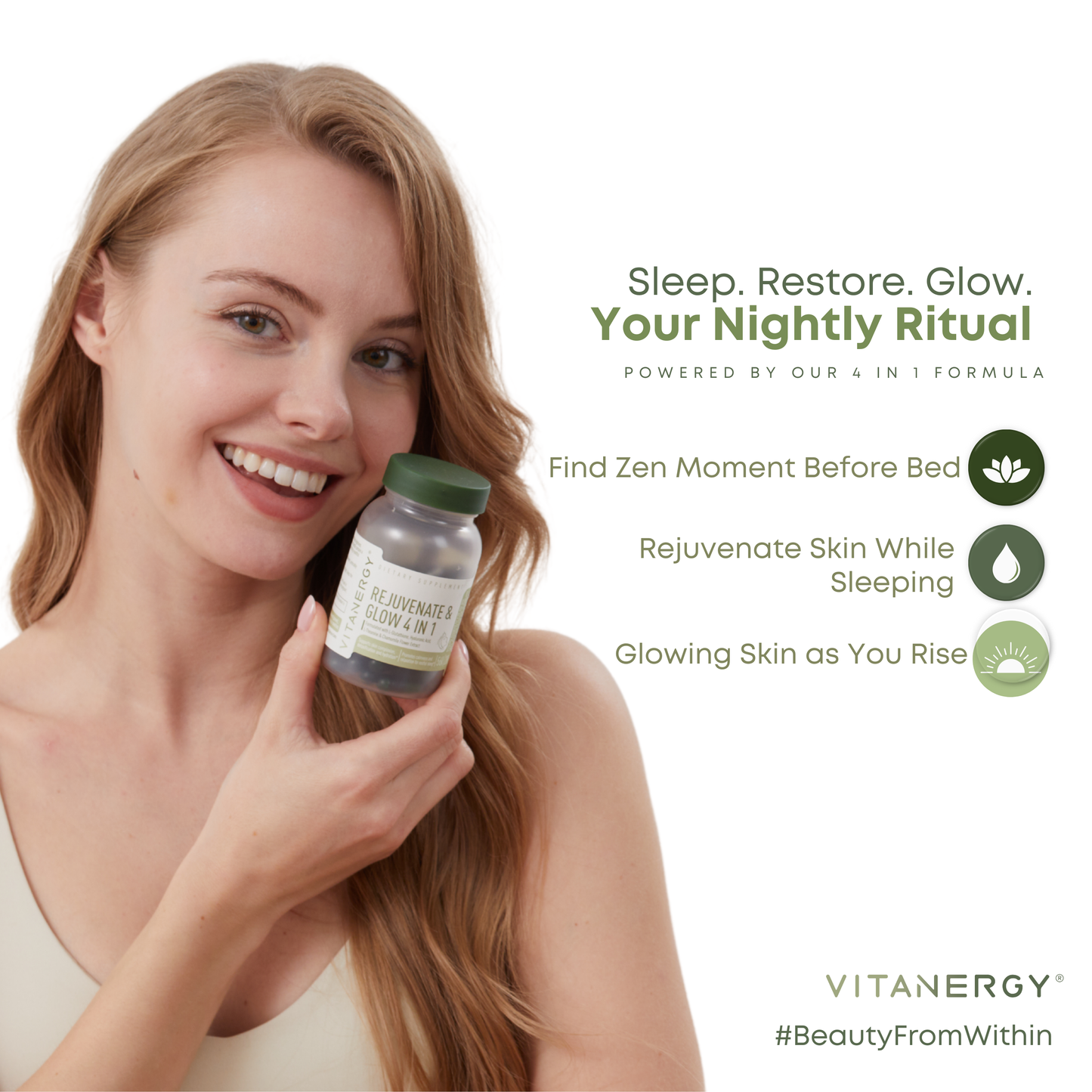 Vitanergy Beauty Sleep & Skin Glow – Sleep & Radiance Support with L-Glutathione, Hyaluronic Acid, L-Theanine & Chamomile – Vegan Capsules – Made in USA – 56 Count